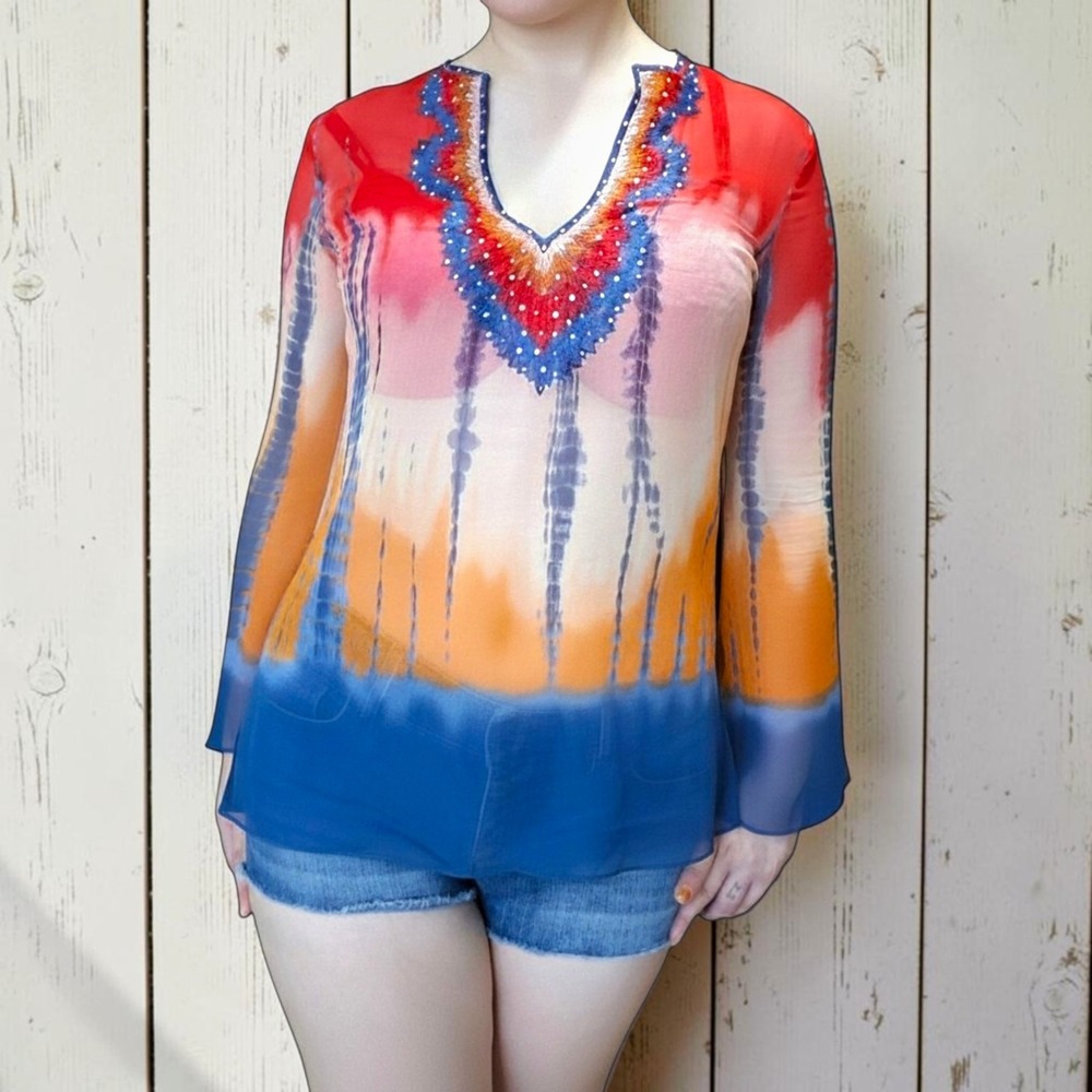 Vintage Y2K 2000s BCBGMAXAZRIA 100% Silk Beaded Tunic Sunset Ombre Tie Dye Top S